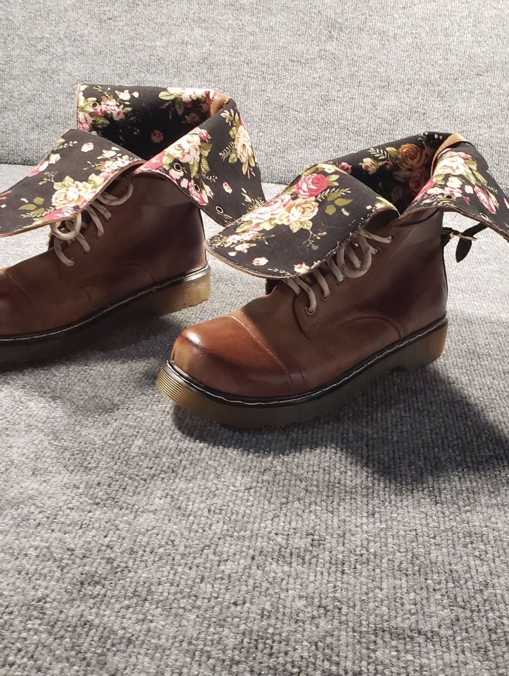 Dr. Martens Women's Brown Fold Over Boots W/ Black Floral Size 12- See Note